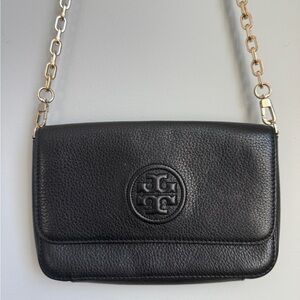 Tory Burch Mini Bombe Bag Black Pebble Leather Gold Chain Crossbody